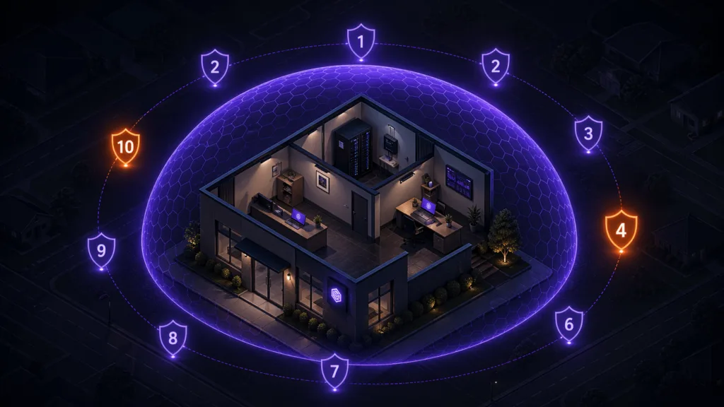 Isometric small business office surrounded by a glowing purple security dome with ten numbered shield icons orbiting the perimeter