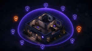 Isometric small business office surrounded by a glowing purple security dome with ten numbered shield icons orbiting the perimeter