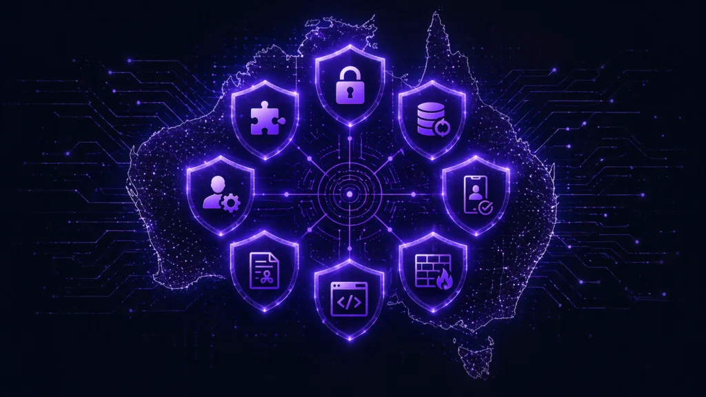Eight cybersecurity shields representing the Essential Eight framework overlaid on a map of Australia