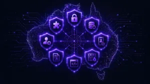 Eight cybersecurity shields representing the Essential Eight framework overlaid on a map of Australia