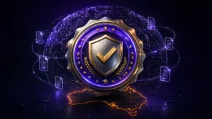 Gold and purple ISO 27001 certification seal above an Australian map outline with floating document icons