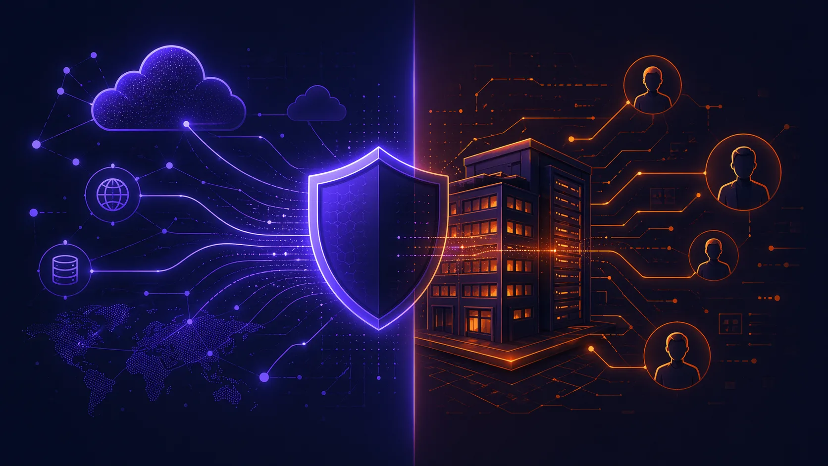 Split illustration comparing managed cybersecurity services on the left with an in-house IT team on the right