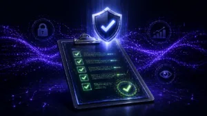 Digital compliance checklist with a glowing security shield and SOC 2 trust service icons including a lock and eye symbol