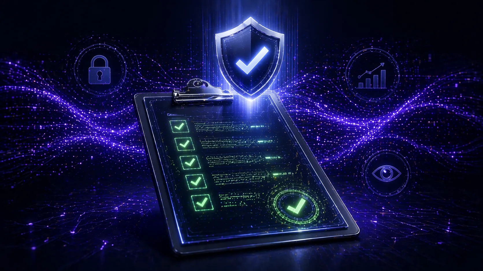 Digital compliance checklist with a glowing security shield and SOC 2 trust service icons including a lock and eye symbol